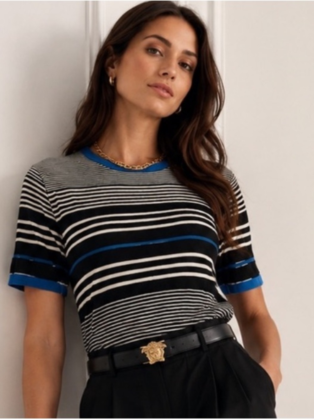 VERSACE JEANS COUTURE Y2K Striped Crewneck with Blue Trim